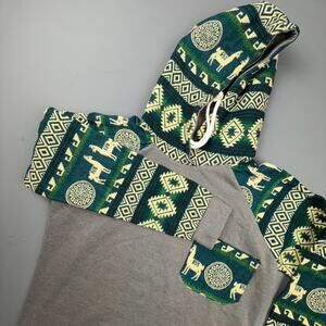 Blue Footed Design Llama Aztec Hoodie Wool Blend Handmade Ecuador XL